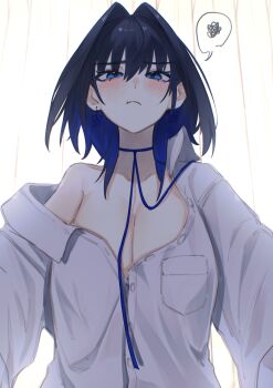 1girl absurdres blue_eyes blue_hair blush bow bow_earrings breasts choker cleavage collared_shirt colored_inner_hair commentary dress_shirt earrings english_commentary fanged_bangs gradient_hair hair_between_eyes hair_flaps highres hololive hololive_english hunk_404 jewelry large_breasts long_sleeves looking_at_viewer multicolored_hair no_bra ouro_kronii oversized_clothes oversized_shirt partially_unbuttoned pout ribbon_choker shirt single_off_shoulder solo spoken_squiggle squiggle virtual_youtuber white_shirt