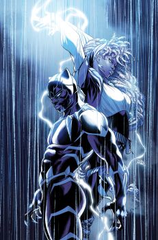 1boy 1girl arms_up black_bodysuit black_panther_(marvel) black_panther_(series) bodysuit comic_cover commentary dark-skinned_female dark-skinned_male dark_skin dreadlocks earrings english_commentary hairband highres jewelry leg_warmers lightning lightning_bolt_earrings lightning_bolt_symbol long_hair marvel muscular muscular_male necklace official_alternate_costume official_art rain russell_dauterman storm_(x-men) superhero_costume t&#039;challa tooth_necklace white_hair x-men