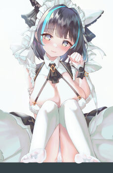 1girl :3 animal_ears apron azur_lane blue_streaks blush breasts cheshire_(azur_lane) cleavage commentary_request detached_sleeves dress fake_animal_ears frilled_hairband frills hairband highres knees_together_feet_apart large_breasts looking_at_viewer maid_headdress merryj panties paw_pose puffy_detached_sleeves puffy_short_sleeves puffy_sleeves purple_apron short_sleeves simple_background solo thighhighs underwear white_background white_dress white_panties white_thighhighs