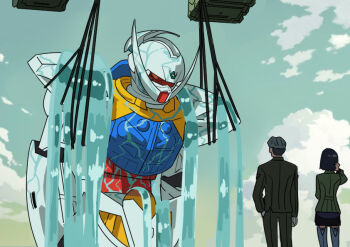 1boy 1girl back black_hair challia_bull cloud comoli_harcourt gloves green_hair gundam gundam_gquuuuuux hanging jacket long_sleeves mecha military_jacket military_uniform mobile_suit outdoors robot scene_reference science_fiction shirt short_hair skirt sky timmyyen turn_a_gundam turn_a_gundam_(mobile_suit) water