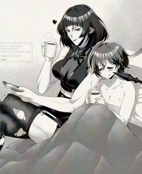 2girls age_difference animal_ears belle_(zenless_zone_zero) blush breasts clothed_female_nude_female coffee coffee_mug cup heart hickey highres holding holding_cup holding_phone jane_doe_(zenless_zone_zero) large_breasts lipstick_mark lipstick_mark_on_breast lipstick_mark_on_face lipstick_mark_on_neck monochrome mouse_ears mouse_girl mouse_tail mug multiple_girls muutsurose nude older_female_and_younger_female phone tail thighhighs torn_clothes torn_thighhighs yuri zenless_zone_zero