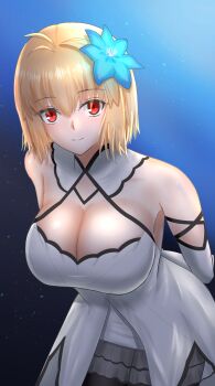 1girl absurdres ahoge arcueid_brunestud arcueid_brunestud_(clad_in_glacier) arms_behind_back bare_shoulders black_ribbon blonde_hair breasts cleavage commentary_request dress flower fukufukushinken grey_skirt hair_between_eyes hair_flower hair_intakes hair_ornament highres huge_breasts leaning_forward looking_at_viewer miniskirt official_alternate_costume red_eyes ribbon short_hair skirt smile tsukihime tsukihime_(remake)