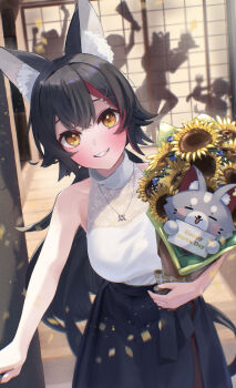 5girls animal_ears architecture bare_arms bare_shoulders birthday black_hair black_skirt bouquet breasts cleavage cowboy_shot doorway east_asian_architecture flipped_hair flower grin hair_ornament hairclip halter_shirt halterneck happy_birthday highres holding holding_bouquet hololive large_breasts long_hair looking_at_viewer low_ponytail miofa_(ookami_mio) momosuzu_nene multicolored_hair multiple_girls nattoushouyu3 official_alternate_costume official_alternate_hairstyle ookami_mio ookami_mio_(street) oozora_subaru paid_reward_available ponytail pov_doorway red_hair see-through_cleavage see-through_clothes shirakami_fubuki shirt shouji silhouette skirt sleeveless sleeveless_shirt sliding_doors smile solo_focus spiked_hair streaked_hair tokoyami_towa very_long_hair virtual_youtuber white_shirt wide_ponytail wolf_ears yellow_eyes