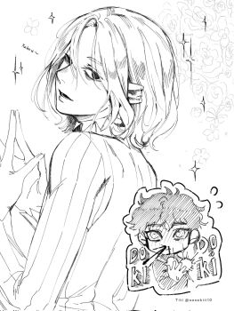 2boys aroused_nosebleed bags_under_eyes blood blush chibi chibi_inset curly_hair dark-skinned_male dark_skin dungeon_meshi elf floral_background heart highres kabru lazy_eye long_sleeves male_focus mithrun monochrome multiple_boys nosebleed notched_ear own_hands_together pointy_ears sasakiii10 shirt short_hair smile sparkle sweatdrop uneven_eyes white_background yaoi