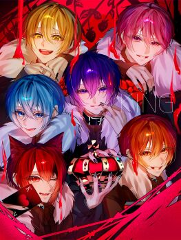 6+boys absurdres animal_ears bimigohan16 black_nails blonde_hair blue_eyes blue_hair card colon_(stpri) crown fur-trimmed_jacket fur_trim highres holding holding_card holding_crown jacket jel_(stpri) king_(vocaloid) looking_at_viewer male_focus multiple_boys nanamori_(stpri) one_eye_closed open_mouth orange_eyes orange_hair pink_hair purple_eyes purple_hair purple_nails red_hair rinu_(stpri) root_(stpri) satomi_(stpri) smile strawberry_prince yellow_eyes