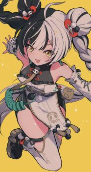 1girl absurdres bare_shoulders black_hair braid breasts detached_sleeves dialyn_(zenless_zone_zero) dress earrings hashtag-only_commentary highres jewelry long_hair looking_at_viewer medium_breasts multicolored_hair norimaki_(nrmk_norinori) open_mouth solo split-color_hair twin_braids white_dress white_hair yellow_eyes zenless_zone_zero