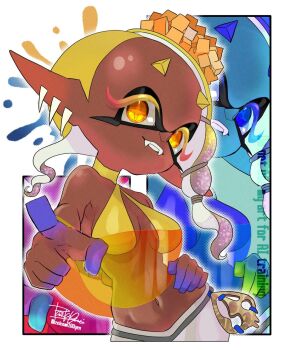 1girl artist_name asymmetrical_hair bare_shoulders blonde_hair blue_eyes blue_hair blue_skin border breasts colored_eyelashes colored_skin crop_top cross-shaped_pupils dark-skinned_female dark_skin domino_mask earrings eye_mask eyelashes fangs fangs_out food food-themed_hair_ornament food_on_head forehead frye_(splatoon) gradient_hair hair_ornament halterneck hand_on_own_hip harem_pants isamu-ki_(yuuki) jewelry long_hair long_pointy_ears looking_at_viewer mask medium_breasts medium_hair midriff multicolored_hair multicolored_skin multiple_earrings multiple_girls navel nintendo object_on_head open_mouth pants pointing pointing_at_viewer pointy_ears purple_hair purple_skin see-through_clothes shawl shirt short_eyebrows sleeveless sleeveless_shirt sleeveless_turtleneck smile splatoon_(series) splatoon_3 stomach symbol-shaped_pupils teeth tempura tentacle_hair turtleneck two-tone_hair two-tone_skin very_dark_skin white_border white_pants yellow_eyes yellow_shirt