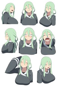 1girl ^_^ accio bad_id bad_pixiv_id blush breasts closed_eyes closed_mouth coat drooling multiple_expressions female_focus from_side frown gloves gluttony_(deadly_sins) green_eyes green_hair grin hair_between_eyes high_gain_torpex highgain_(accho) highres jitome large_breasts long_hair matching_hair/eyes multiple_views open_mouth parted_lips pixiv_fantasia pixiv_fantasia_t saliva scratching_head seven_deadly_sins sharp_teeth sidelocks simple_background slit_pupils smile surprised sweatdrop teeth tongue uniform upper_body white_background