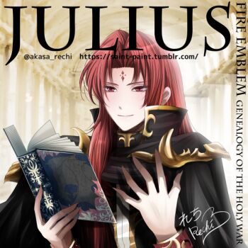 Rule 34 | 1boy, akasa rechi, armor, black cape, black jacket, book, cape, character name, commentary request, copyright name, facial mark, fingernails, fire emblem, fire emblem: genealogy of the holy war, forehead mark, gold trim, hands up, holding, holding book, indoors, jacket, julius (fire emblem), light smile, long fingernails, long sleeves, looking at viewer, male focus, nintendo, open book, pauldrons, red eyes, red hair, sharp fingernails, shoulder armor, signature, solo, upper body