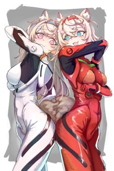 2girls :3 :d absurdres animal_ear_fluff animal_ears arm_under_breasts arm_up ass ass-to-ass ayanami_rei ayanami_rei_(cosplay) back-to-back blonde_hair blue_eyes bodysuit breasts cosplay dog_ears dog_girl dog_tail fake_horns fang fuwawa_abyssgard grey_hairband hair_intakes hairband highres hololive hololive_english hoot_hoot_owl horn_hairband horns long_hair looking_at_another mecha_pilot_suit medium_breasts mococo_abyssgard multicolored_hair multiple_girls neon_genesis_evangelion open_mouth pink_eyes plugsuit_(evangelion) red_bodysuit red_hairband revision short_hair siblings sisters smile souryuu_asuka_langley souryuu_asuka_langley_(cosplay) streaked_hair tail twins virtual_youtuber white_bodysuit