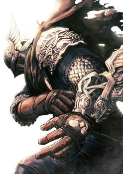 1boy absurdres ala-sys121 arm_mounted_weapon armor bloom blue_surcoat cape cloak elden_ring elden_ring_nightreign embroidery from_side fromsoftware gloves helmet highres incoming_attack knight ornate_armor ornate_clothes painterly scale_armor shoulder_armor simple_background torn_cloak torn_clothes weapon white_background winged_helmet wylder_(elden_ring)