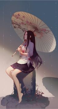 Rule 34 | 1girl, ask (askzy), barefoot, black hair, black skirt, feng baobao, holding, holding umbrella, long hair, rain, sitting, skirt, solo, umbrella, yiren zhixia