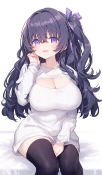 Rule 34 | 1girl, absurdres, black hair, black thighhighs, breasts, cleavage, cleavage cutout, clothing cutout, commentary, commission, hair ribbon, hand up, highres, hiraga matsuri, large breasts, long hair, long sleeves, looking at viewer, one side up, open mouth, original, purple eyes, ribbed sweater, ribbon, simple background, sitting, skeb commission, smile, solo, sweater, thighhighs, white background, white sweater, zettai ryouiki