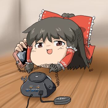 1girl :d black_hair bow brown_eyes cellphone commentary_request hair_bow hair_tubes hakurei_reimu kamemaru91 open_mouth phone red_bow short_hair smartphone smile solo touhou yukkuri_shiteitte_ne
