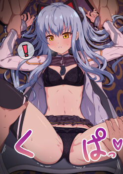 ! 1girl 2boys black_bra black_panties black_shirt black_skirt black_thighhighs blue_hair blush bra breasts clothes_lift commentary_request commission eiyuu_densetsu highres holding_another&#039;s_wrist jacket large_variant_set long_hair long_sleeves looking_at_viewer lying miniskirt multiple_boys mumyou_ishi navel on_back panties parted_lips partially_visible_vulva pinned pleated_skirt pov pov_hands shirt shirt_lift skeb_commission skirt small_breasts sound_effects speech_bubble spoken_exclamation_mark spread_legs thighhighs tio_plato trembling underwear v-shaped_eyebrows variant_set white_jacket yellow_eyes zero_no_kiseki