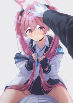 Rule 34 | 1boy, 1girl, absurdres, black gloves, black jacket, black skirt, blue archive, blue necktie, blush, bunching hair, closed mouth, collared shirt, commentary request, fingerless gloves, girl on top, gloves, hair between eyes, hair ornament, halo, hand on another's head, headpat, highres, jacket, jacket partially removed, katou shin'ya (gingin power), koyuki (blue archive), long hair, long sleeves, looking at viewer, loose necktie, necktie, pink eyes, pink hair, pink halo, pleated skirt, shirt, skirt, thighs, twintails, twitter username, very long hair, white gloves, white jacket, white shirt