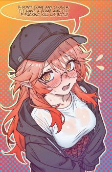 1girl @_@ arknights baseball_cap black_jacket blush breasts caffichai collarbone commentary dynamite english_commentary english_text explosive flying_sweatdrops from_above haruka_(arknights) haruka_(casual)_(arknights) hat highres jacket large_breasts long_hair long_sleeves looking_at_viewer mole mole_under_eye nervous_sweating open_clothes open_jacket open_mouth pointy_ears polka_dot polka_dot_background red_hair rimless_eyewear round_eyewear see-through_clothes see-through_shirt shirt solo speech_bubble suicide_bomb sweat white_shirt