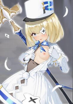 1girl azur_lane blonde_hair blue_bow blue_eyes blush bob_cut bodysuit bodysuit_aside bodysuit_under_clothes bow bowtie breasts breasts_apart chinese_commentary clothing_aside commentary_request dress dress_aside eyepatch falling_feathers feathers gauntlets hat highres le_terrible_(azur_lane) loli long_sleeves looking_at_viewer nipples polearm saliva saliva_trail shako_cap short_hair small_breasts solo spear standing tongue tongue_out upper_body weapon white_dress xiuluoniqia