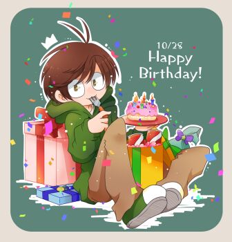 1boy :3 animification antenna_hair birthday birthday_cake border box brown_eyes brown_hair brown_pants cake can candle cola commentary_request confetti drawstring drink_can edd_(eddsworld) eddsworld food fork full_body gift gift_bag gift_box green_background green_hoodie green_shoes grey_border hair_behind_ear happy_birthday highres holding holding_fork holding_plate hood hood_down hoodie long_sleeves looking_at_viewer male_focus pants partial_commentary plate reon_(02779) rounded_corners shoes short_hair simple_background sitting smile sneakers solo swept_bangs