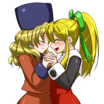 2girls black_headwear black_sleeves blonde_hair bush buttons closed_eyes commentary_request dress earrings fur-trimmed_collar fur-trimmed_sleeves fur_hat fur_trim green_ribbon hat holding_hands interlocked_fingers jewelry kalinka_cossack_(mega_man) kurowasagi long_hair lowres mega_man_(classic) mega_man_(series) multiple_girls open_mouth ponytail ribbon roll_(mega_man) simple_background white_background yuri