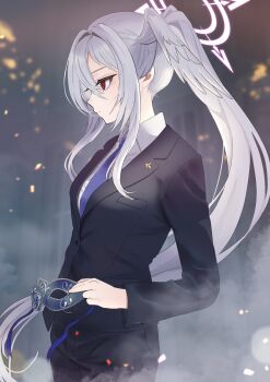 1girl absurdres black_suit blue_archive blue_necktie closed_mouth collared_shirt commentary_request eye_mask formal_clothes from_side grey_hair grey_wings halo head_wings highres holding holding_mask long_hair long_sleeves mask necktie ponytail red_eyes shirt sidelocks single_head_wing solo standing suit suzumi_(blue_archive) tax_(zeita_gundam) upper_body very_long_hair white_shirt wings