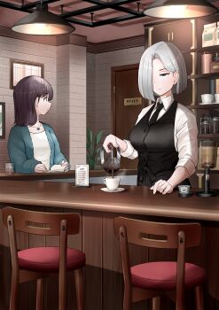 2girls absurdres black_eyes black_hair blue_eyes book breasts cafe chair coffee commission cup earrings epicary_radz grey_hair hair_over_one_eye highres indoors jewelry large_breasts long_hair looking_to_the_side multiple_girls necktie original pixiv_commission pouring shirt short_hair sitting standing table white_shirt