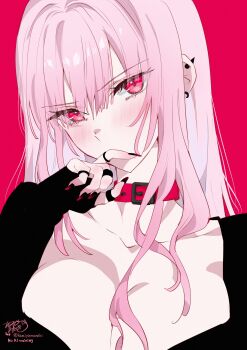 Rule 34 | 1girl, absurdres, alternate costume, black nails, blush, breasts, choker, cleavage, dress, ear piercing, earrings, hashtag-only commentary, highres, hololive, hololive english, jewelry, kamiya maneki, large breasts, long hair, long sleeves, looking at viewer, mori calliope, multiple rings, nail polish, piercing, pink eyes, pink hair, red choker, red eyes, ring, ring on every finger, signature, simple background, solo, thumb ring, twitter username, virtual youtuber