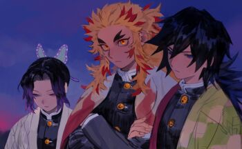 1girl 2boys butterfly_hair_ornament cape demon_slayer_uniform flame_print hair_ornament haori japanese_clothes kimetsu_no_yaiba kochou_shinobu mismatched_eyebrows multiple_boys print_cape print_haori rengoku_senjurou robe rumaeinine tomioka_giyuu white_cape white_haori white_robe