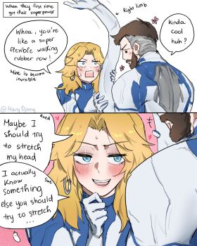 1boy 1girl absurdres blonde_hair blue_eyes blush bodysuit breasts commentary english_commentary fantastic_four gloves highres jewelry long_hair looking_at_viewer marvel marvel_rivals marydjiang multicolored_bodysuit reed_richards sue_storm superhero_costume two-tone_bodysuit white_bodysuit