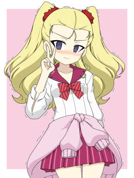 1girl @_@ alternate_costume alternate_hairstyle assam_(girls_und_panzer) blonde_hair blue_eyes blush bow bowtie closed_mouth clothes_around_waist commentary embarrassed girls_und_panzer gyaru hair_ornament hair_pulled_back hair_scrunchie highres ichinose_jun long_hair miniskirt pink_background pink_sailor_collar pink_skirt pink_sweater pleated_skirt red_bow red_bowtie red_scrunchie sailor_collar school_uniform scrunchie serafuku shirt skirt solo striped_clothes striped_skirt sweater sweater_around_waist trembling two_side_up v vertical-striped_clothes vertical-striped_skirt wavy_mouth white_shirt