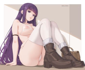 1girl absurdres ankle_boots arm_support artist_name bag bikini blunt_bangs boots border breasts brown_boots commentary covered_erect_nipples english_commentary fern_(sousou_no_frieren) hair_ornament high_heel_boots high_heels highres knees_up large_breasts light_blush long_hair looking_at_viewer melowh outside_border pantyhose parted_lips purple_eyes purple_hair purple_pupils sitting solo sousou_no_frieren swimsuit thighband_pantyhose very_long_hair white_bikini white_border white_pantyhose zipper_pull_tab