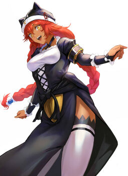 Rule 34 | 1girl, :d, animal ear headwear, animal ears, black bridal gauntlets, black choker, black dress, black hat, black wrist cuffs, braid, breasts, bridal gauntlets, choker, commentary request, criss-cross strings, dark-skinned female, dark skin, dress, fake animal ears, fangs, feet out of frame, from below, hair tubes, hat, highres, long hair, looking at viewer, low twin braids, lupusregina beta, maid, miyamoto satoru, open mouth, orange hair, overlord (maruyama), partial commentary, red ribbon, ribbon, short sleeves, side slit, simple background, smile, solo, thighhighs, twin braids, white background, white thighhighs, wolf girl, wrist cuffs, yellow eyes