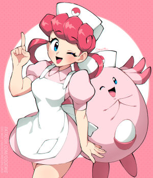 1girl ;d apron artist_name blue_eyes chansey dress gen_1_pokemon hair_rings hat index_finger_raised joy_(pokemon) looking_at_viewer nintendo nurse nurse_cap one_eye_closed open_mouth pink_dress pink_hair pokemon pokemon_(anime) pokemon_(classic_anime) pokemon_(creature) puffy_short_sleeves puffy_sleeves qewie short_sleeves smile white_apron