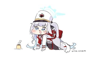 all_fours artist_name ascot backpack bag black_pantyhose blue_archive blue_eyes blue_halo blush candy_moon777 cherino_(blue_archive) chibi chibi_only coat crying crying_with_eyes_open food fur-trimmed_coat fur_trim halo hat highres long_hair meme open_mouth pantyhose peaked_cap pudding red_ascot red_winter_federal_academy_logo school_bag side_ponytail speakiposting_(meme) tears trickcal twitter_username very_long_hair white_background white_coat white_hair white_hat