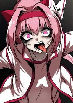 1girl absurdres animal_ears commentary ear_covers gesugao haru_urara_(bestest_prize)_(umamusume) haru_urara_(umamusume) headband highres horse_ears horse_girl j.k._(style) jacket long_hair nagai_negi open_mouth pink_hair ponytail shirt solo umamusume white_jacket white_shirt