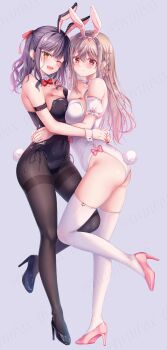 Rule 34 | 2girls, ;d, bare shoulders, black footwear, black leotard, blush, bow, bowtie, brown eyes, brown hair, brown pantyhose, closed mouth, commentary request, detached sleeves, grey background, hair between eyes, high heels, highres, leotard, long hair, maeda shiori, multiple girls, nanami yuuno, one eye closed, open mouth, pantyhose, pink shoes, playboy bunny, puffy short sleeves, puffy sleeves, purple hair, red bow, red bowtie, red eyes, shoes, short sleeves, simple background, smile, sousouman, standing, standing on one leg, strapless, strapless leotard, thighband pantyhose, thighhighs, twinbox school, twitter username, very long hair, watermark, white leotard, white sleeves, white thighhighs, wrist cuffs