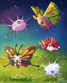 Rule 34 | animal focus, antennae, artist name, beautifly, bright pupils, bug, cascoon, closed eyes, colored sclera, commentary, dustox, english commentary, evolutionary line, flying, gen 3 pokemon, grass, imazartz, insect wings, night, nintendo, no humans, open mouth, outdoors, pokemon, pokemon (creature), pokemon focus, purple sclera, red eyes, silcoon, sky, sleeping, smile, spikes, star (sky), starry sky, white pupils, wings, wurmple
