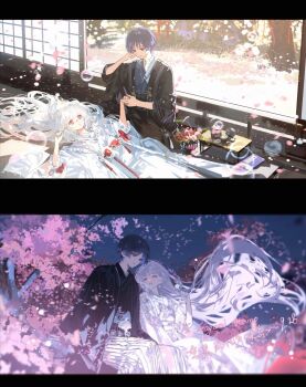 1boy 1girl alternate_costume artist_request basket black_hakama black_haori black_sleeves blue_kimono blush book bow clenched_hand closed_mouth commission commissioner_insert commissioner_name couple dated eyelashes eyeliner eyeshadow facing_another falling_petals flower food frilled_sleeves frills genshin_impact hair_spread_out hakama hand_up haori happy hayami_momo_(hayamimomo) hetero highres holding holding_food holding_hands holding_skewer indoors japanese_clothes kimono layered_kimono lens_flare long_hair long_sleeves looking_at_another lying makeup mole mole_under_eye obi obiage oc_x_canon on_back original outdoors pants parted_lips petals pink_eyes pink_flower pink_petals purple_eyes purple_hair red_bow red_eyeliner red_eyeshadow sash scaramouche_(genshin_impact) second-party_source shirt sitting sitting_on_branch skewer smile split_screen striped_clothes striped_pants table undershirt very_long_hair white_bow white_hair white_hakama white_haori white_kimono white_pants white_shirt white_sleeves yukata