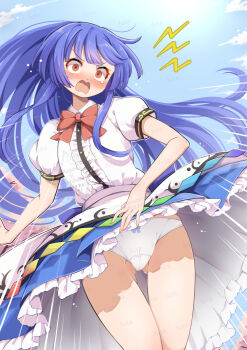 1girl apron blue_hair blue_sky blush boots bow bowtie center_frills closed_mouth clothes_lift cloud collared_shirt commentary_request commission constricted_pupils day embarrassed frills futa_(nabezoko) highres hinanawi_tenshi long_hair looking_at_viewer no_headwear open_mouth panties puffy_short_sleeves puffy_sleeves rainbow_order red_bow red_bowtie red_eyes shirt short_sleeves skeb_commission skirt skirt_lift sky solo touhou underwear very_long_hair waist_apron watermark white_apron white_panties white_shirt wind wind_lift