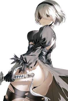 1girl 2b_(nier:automata) absurdres android ass back_cutout black_gloves black_hairband blindfold boots clothing_cutout covered_eyes drakhend66 dress feather-trimmed_sleeves feather_trim from_behind gloves hairband highres holding holding_sword holding_weapon juliet_sleeves leotard long_sleeves looking_at_viewer looking_back mole mole_under_mouth nier:automata nier_(series) puffy_sleeves short_hair sidelighting solo standing sword thighhighs thighhighs_under_boots thighs thong_leotard torn_clothes torn_dress torn_thighhighs virtuous_contract weapon white_background white_hair white_leotard