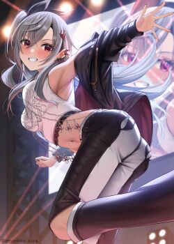 1girl :d absurdres amane_sora black_bow black_jacket black_pants bow commentary_request concert crop_top cropped_shirt double-parted_bangs earclip grey_hair grin hair_between_eyes hair_bow highres hololive hololive_dev_is isaki_riona jacket jacket_partially_removed knee_cutout long_hair midriff navel navel_piercing one_side_up open_mouth pants piercing red_eyes shirt sidelocks sleeveless sleeveless_shirt smile solo two-tone_pants virtual_youtuber white_pants white_shirt