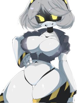 1girl breasts coat colored_skin female_focus glitch_productions grey_skin highres large_breasts mecha_girl mechanical_tail mikatsu27 murder_drones robot_girl salute shiny_skin short_hair smile tail thighhighs v_(murder_drones) yellow_eyes