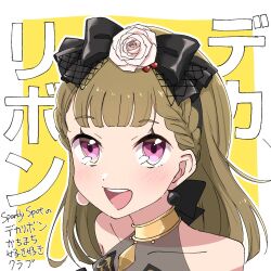 Rule 34 | 1girl, :d, bare shoulders, black bow, blunt bangs, blush, border, bow, braid, brown hair, center-flap bangs, collarbone, commentary request, earrings, flower, hair bow, highres, jewelry, kachimachi kosuzu, klid a, link! like! love live!, long hair, looking at viewer, love live!, mismatched earrings, open mouth, outline, outside border, pink eyes, portrait, rose, see-through, side braids, smile, solo, sparkly spot (love live!), straight hair, teeth, translation request, upper teeth only, virtual youtuber, white border, white flower, white outline, white rose, yellow background