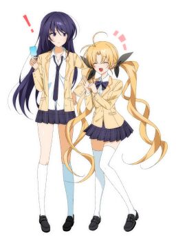 2girls alion_9715 alternate_color antenna_hair aoi_sena black_shoes blonde_hair bow bowtie brown_jacket chaos;head closed_eyes closed_mouth dress_shirt food full_body highres holding holding_food holding_popsicle jacket kneehighs loafers long_hair long_sleeves looking_at_another multiple_girls necktie nervous_sweating open_mouth orihara_kozue plaid_bow plaid_bowtie plaid_clothes plaid_necktie plaid_skirt pleated_skirt popsicle purple_bow purple_bowtie purple_eyes purple_hair purple_necktie purple_skirt school_uniform science_adventure shirt shoes simple_background skirt socks suimei_academy_school_uniform sweat thighhighs thighs togue tongue twintails very_long_hair white_background white_shirt white_socks white_thighhighs zettai_ryouiki