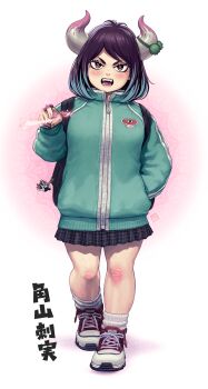 Rule 34 | 1girl, absurdres, backpack, bag, bag charm, black hair, blue hair, breasts, brown eyes, charm (object), commentary request, demon horns, fangs, full body, hand in pocket, highres, horn ornament, horns, jacket, jewelry, magic, medium breasts, miniskirt, multicolored hair, original, plaid clothes, plaid skirt, pleated skirt, ring, sakkan, shoes, signature, skirt, sneakers, socks, solo, streaked hair, track jacket, translation request, two-tone hair, white socks
