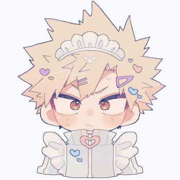 1boy bakugou_katsuki blonde_hair blush boku_no_hero_academia closed_mouth collared_jacket commentary_request cropped_torso frilled_sleeves frills hair_ornament hairclip heart heart_sticker jacket looking_at_viewer maid_headdress male_focus parted_bangs red_eyes sanpaku simple_background smile solo spiked_hair sticker sticker_on_hair sweat tm_tm_g white_background white_jacket zipper