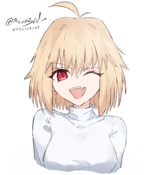 1girl ahoge arcueid_brunestud blonde_hair breasts facing_viewer fangs hair_between_eyes hair_intakes hashtag-only_commentary highres kevin3rd one_eye_closed profile red_eyes short_hair signature smile solo sweater teeth tsukihime turtleneck turtleneck_sweater upper_body upper_teeth_only white_background white_sweater