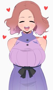 1girl :d absurdres arms_behind_back bare_shoulders breasts brown_hair closed_eyes commentary dress english_commentary gjh heart highres large_breasts medium_hair okumura_haru open_mouth persona persona_5 purple_dress simple_background smile solo teeth upper_teeth_only