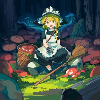 1girl apron black_dress black_hat black_shoes blonde_hair bow braid breasts broom commentary_request doggo_1d34 dress forest forest_of_magic frilled_apron frills grass happy hat hat_bow highres holding kirisame_marisa loafers medium_breasts mini-hakkero mushroom nature open_mouth outdoors puffy_short_sleeves puffy_sleeves rock shoes short_sleeves side_braid single_braid sitting solo teeth touhou upper_teeth_only white_apron white_bow witch witch_hat yellow_eyes