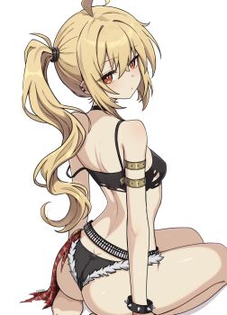 1girl absurdres ahoge artist_name ass barefoot black_shirt black_shorts blonde_hair bracelet breasts butt_crack closed_mouth commentary crop_top crossed_bangs cutoffs earclip feet hair_between_eyes highres jewelry light_blush long_hair looking_at_viewer luciana_de_montefio median_furrow micro_shorts orange_eyes ponytail seiza shirt shorts side_ponytail simple_background sitting small_breasts soles solo sparkling_eyes spiked_bracelet spikes strap_slip suoniko torn_clothes white_background zenless_zone_zero